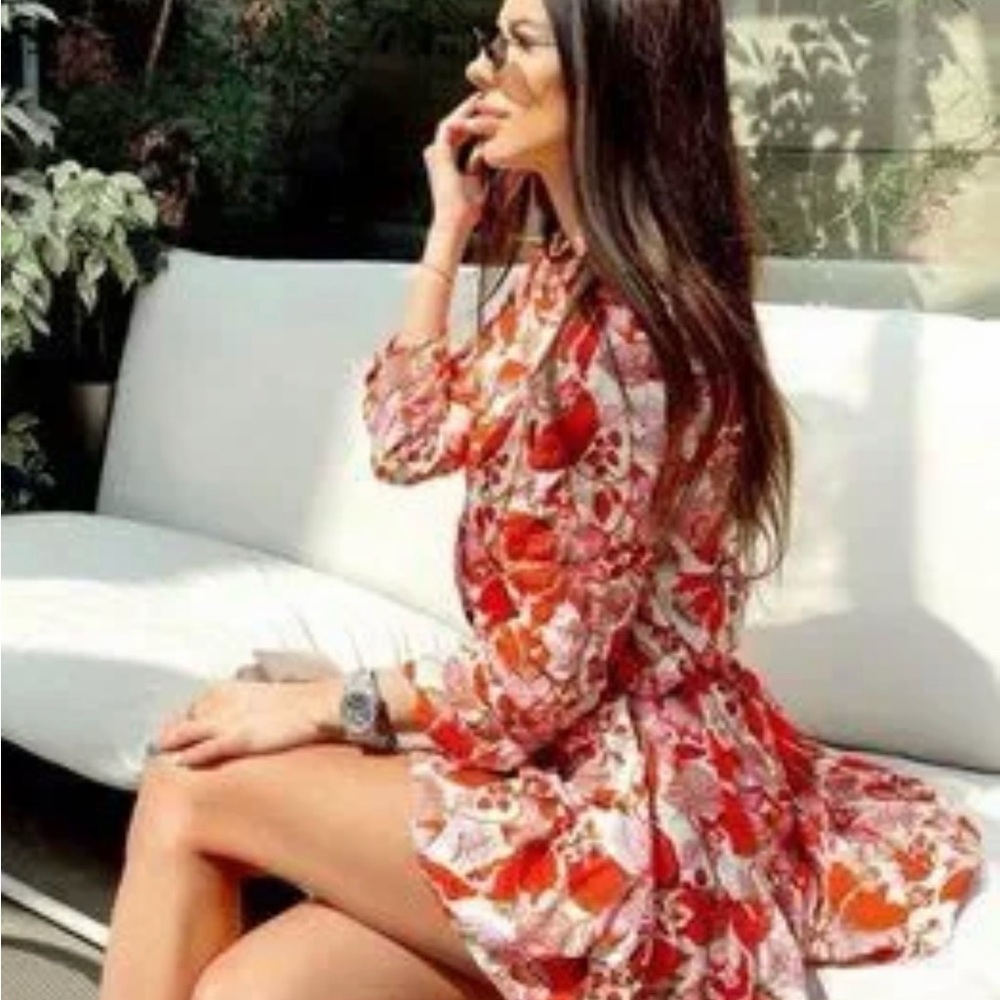 Zara Red and Pink Floral Tiered Mini Dress - Picture 2 of 6